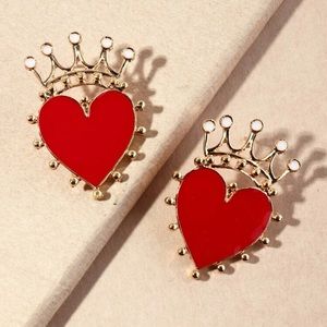 Red Hot Heart with Crown, Queen, Badass, Boss Babe, Gold Valentine Earrings
